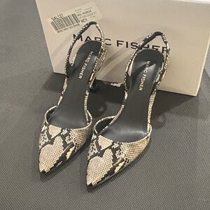 Marc Fisher Black and Cream Snakeskin Heels